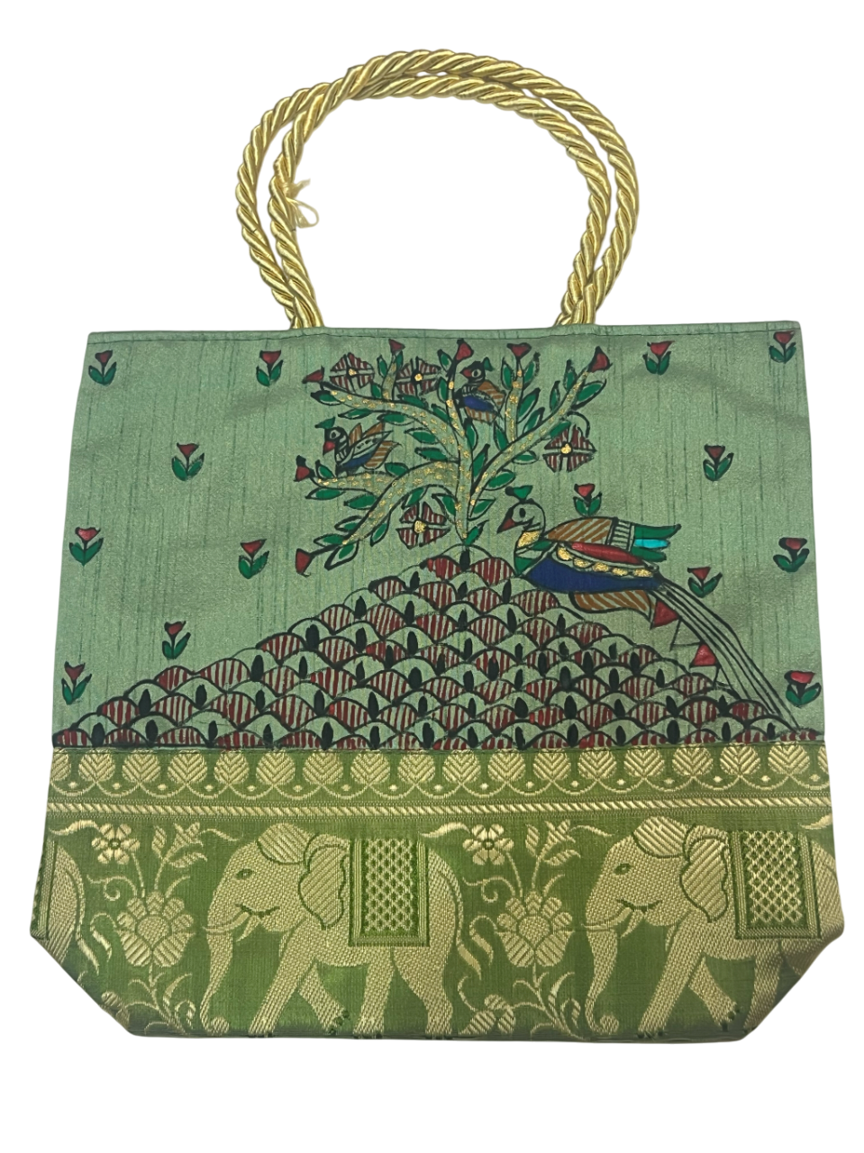Handpainted Madhubani Bag – Green with Brocade Border, Tree of Life